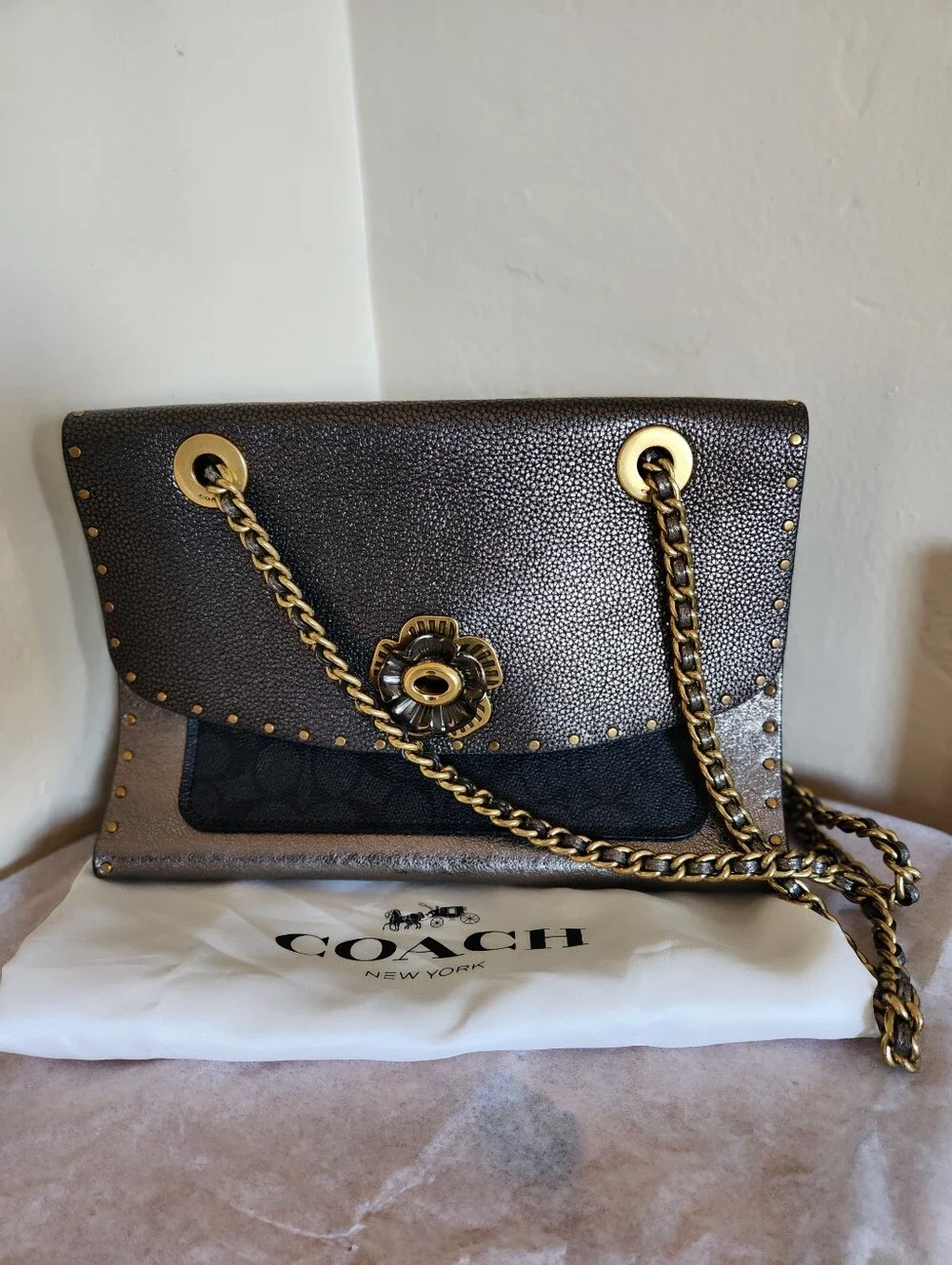 Coach Parker Signature Rivets Snakeskin Bag + Dust Bag